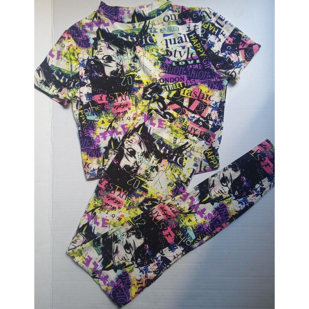 80's  Colorful  Art‎ Wear Cutout  Shirt And Leggings Set S/M